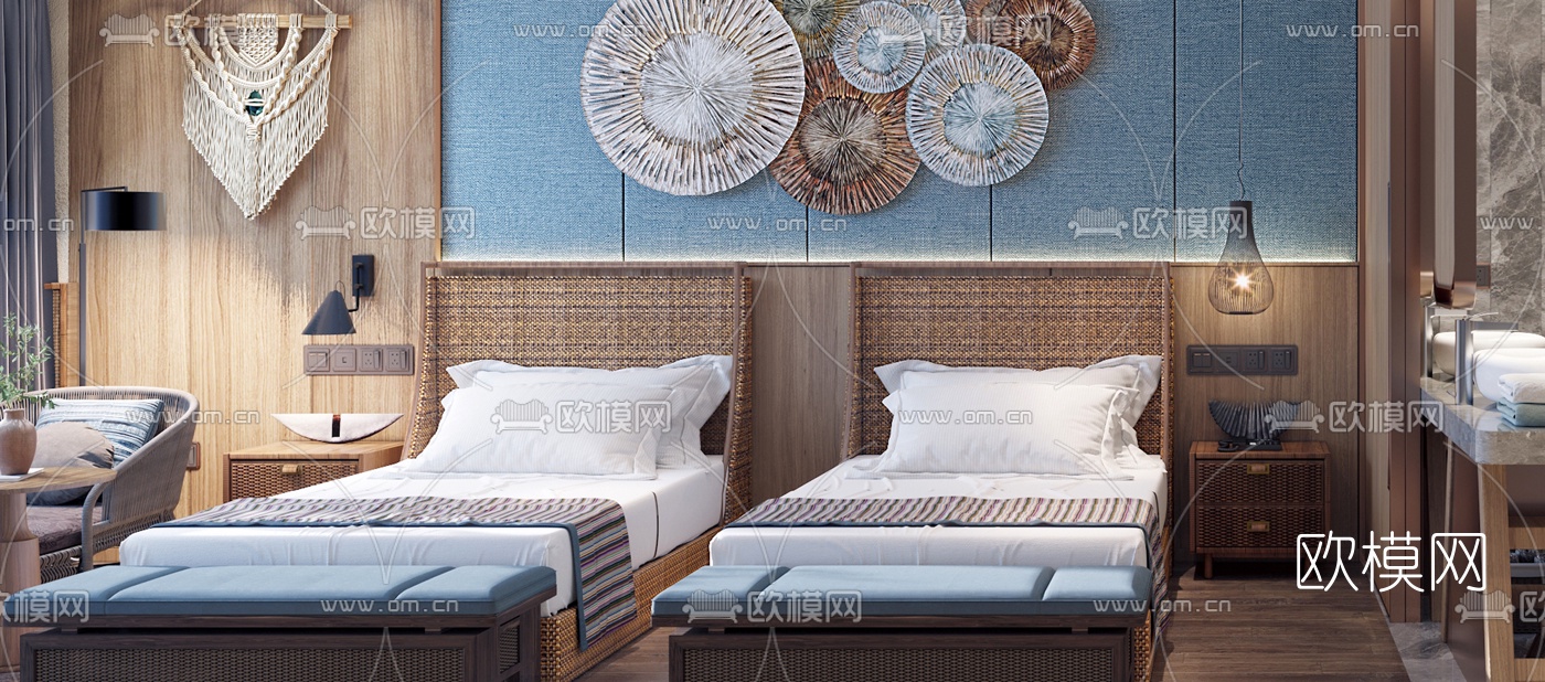 东南亚酒店客房双床房3d模型下载（渲染图3）