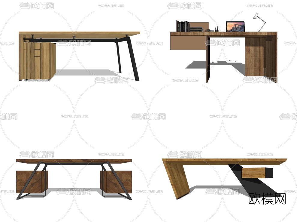 现代实木书桌组合su模型下载