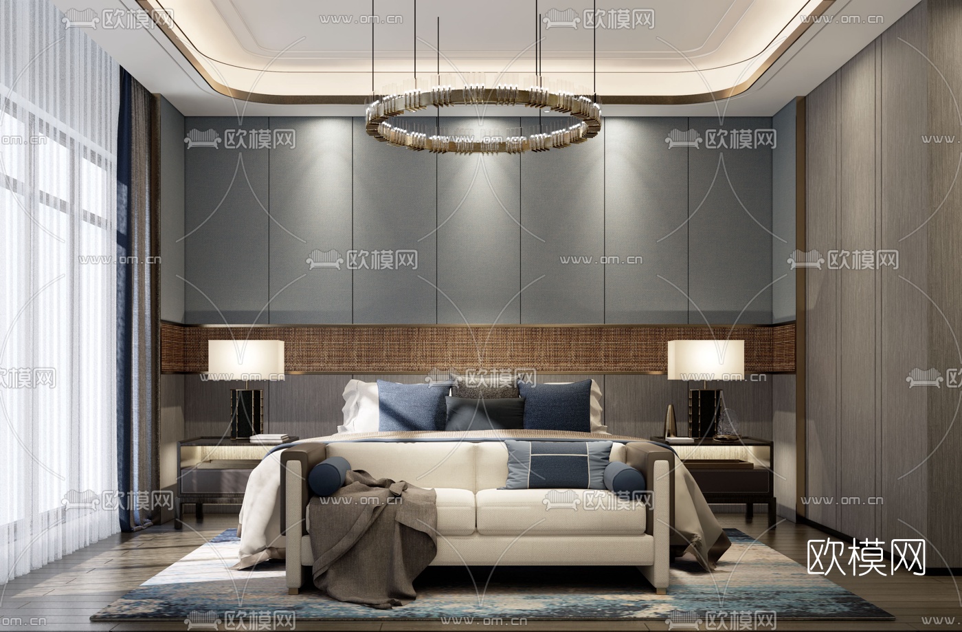 新中式卧室su模型下载（渲染图1）