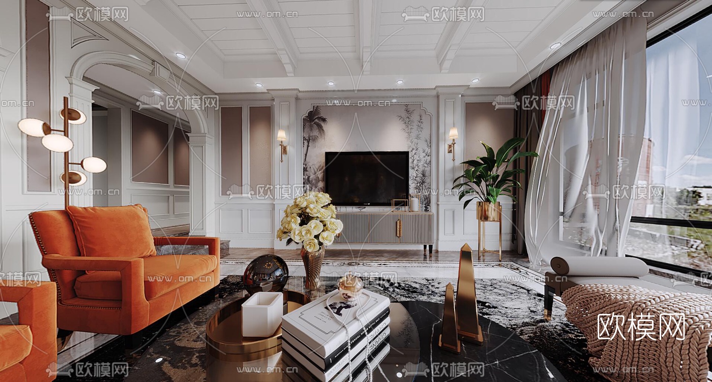 美式轻奢客厅vr全景3d模型