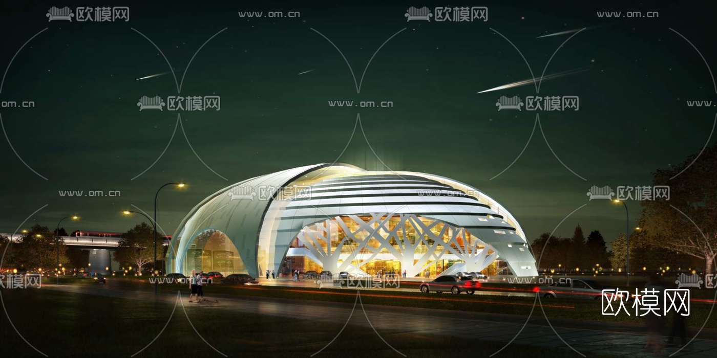 现代体育馆外观夜景3d模型