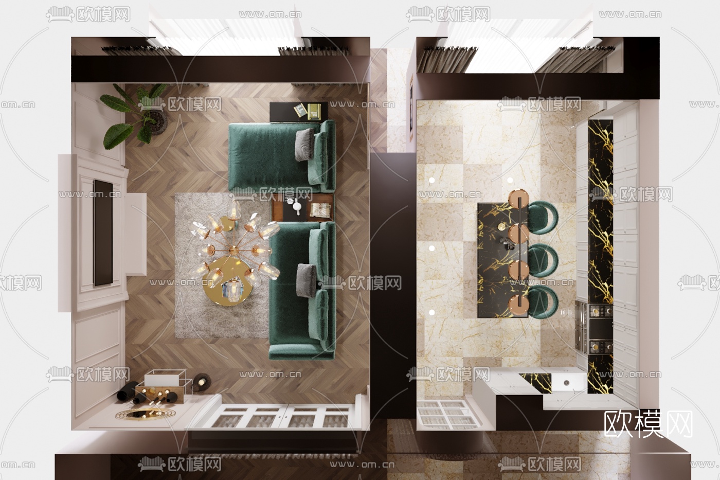 现代轻奢客厅餐厅3d模型