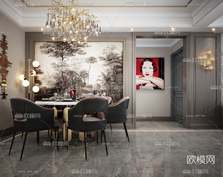 现代轻奢客厅餐厅3d模型下载(渲染图2)