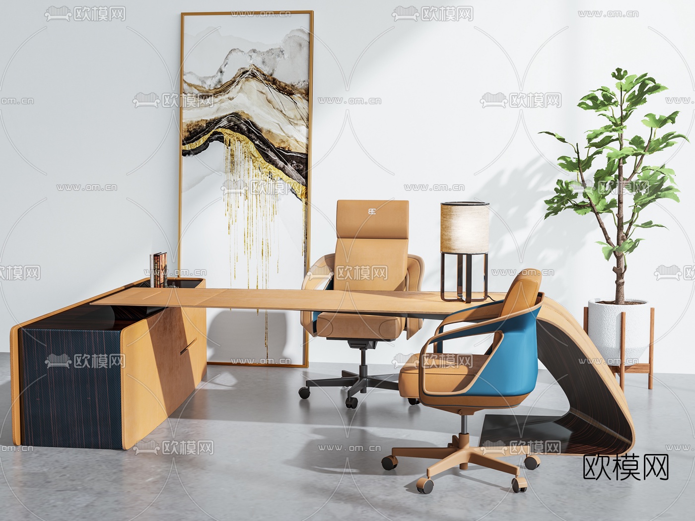 现代轻奢班台桌椅办公桌椅3d模型下载（渲染图1）