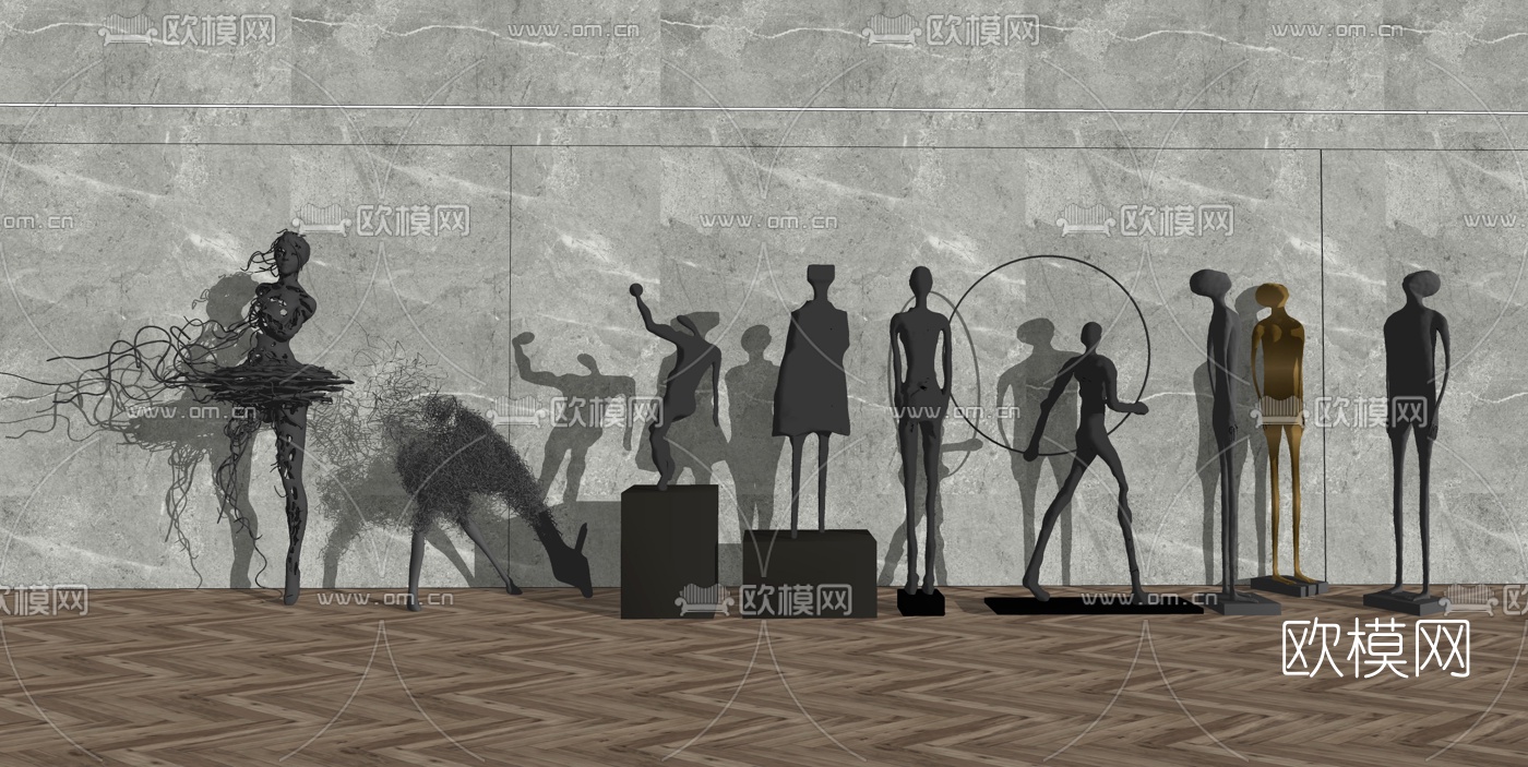 现代抽象人物麋鹿雕塑摆件su模型下载