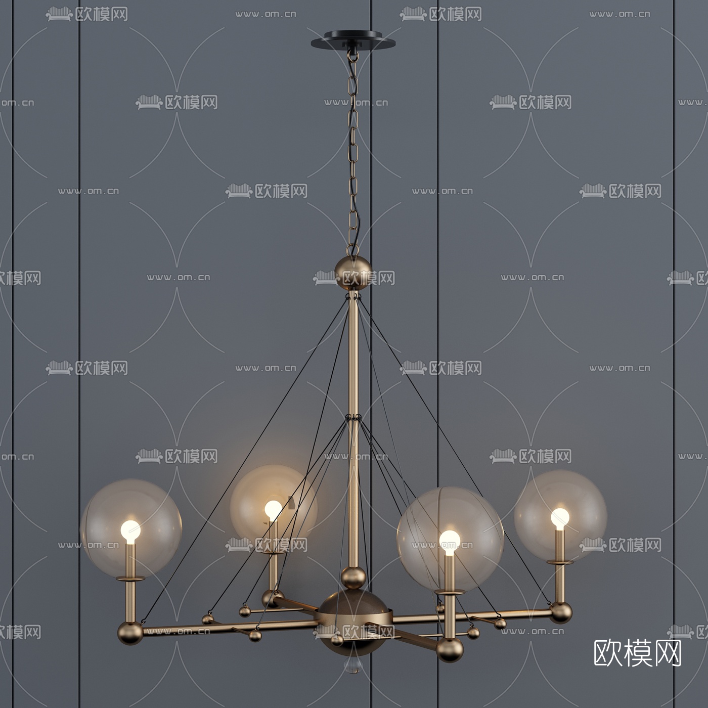 简欧金属玻璃多头吊灯3d模型下载（渲染图2）