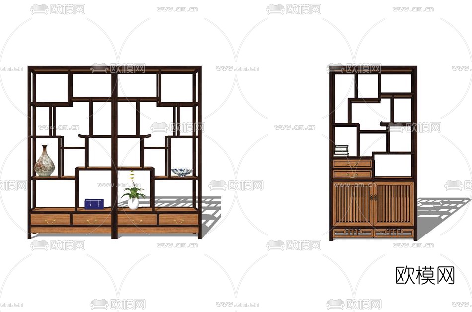 新中式博古架组合su模型下载