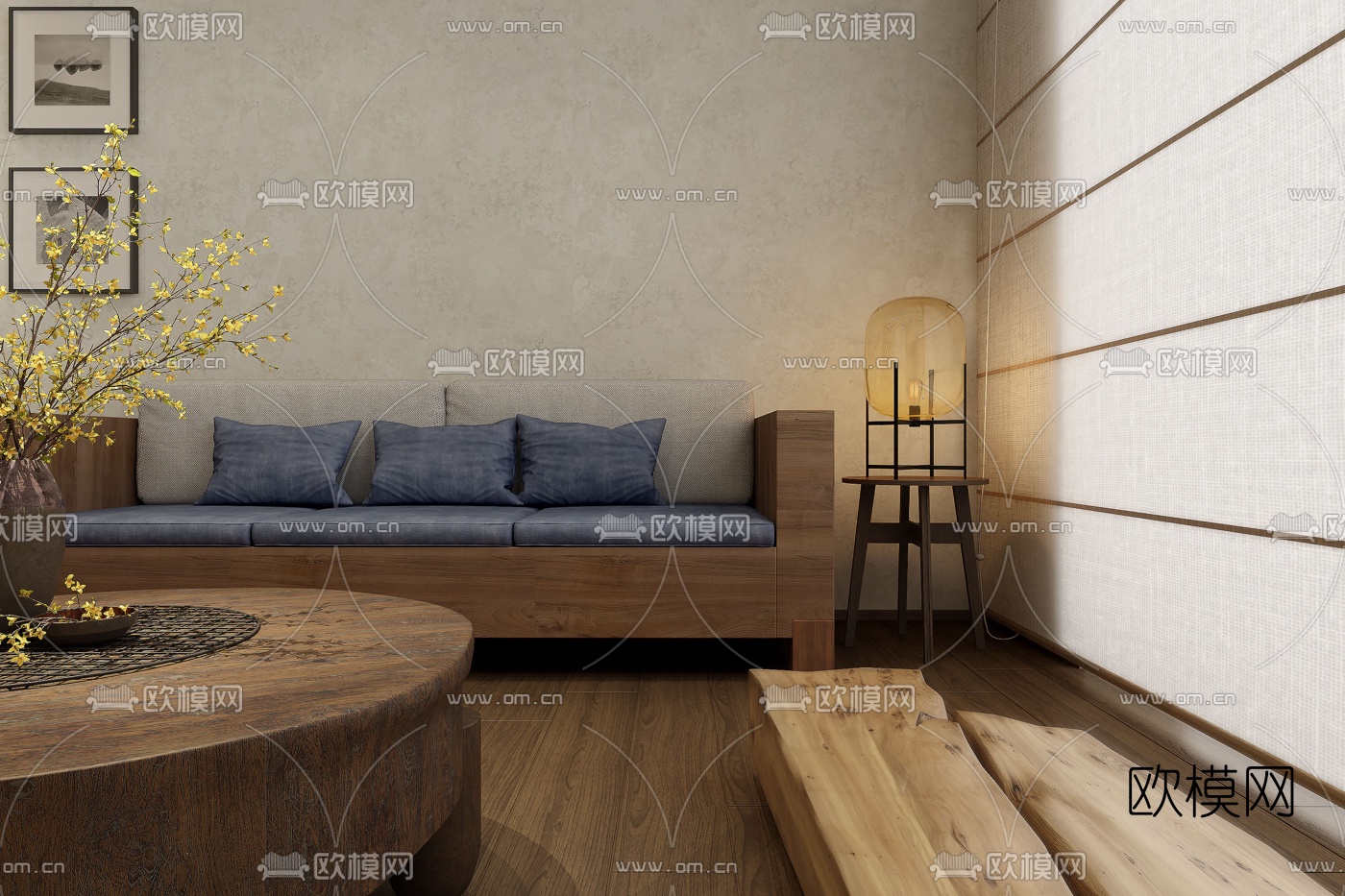 自然风原木多人沙发组合3d模型下载（渲染图3）