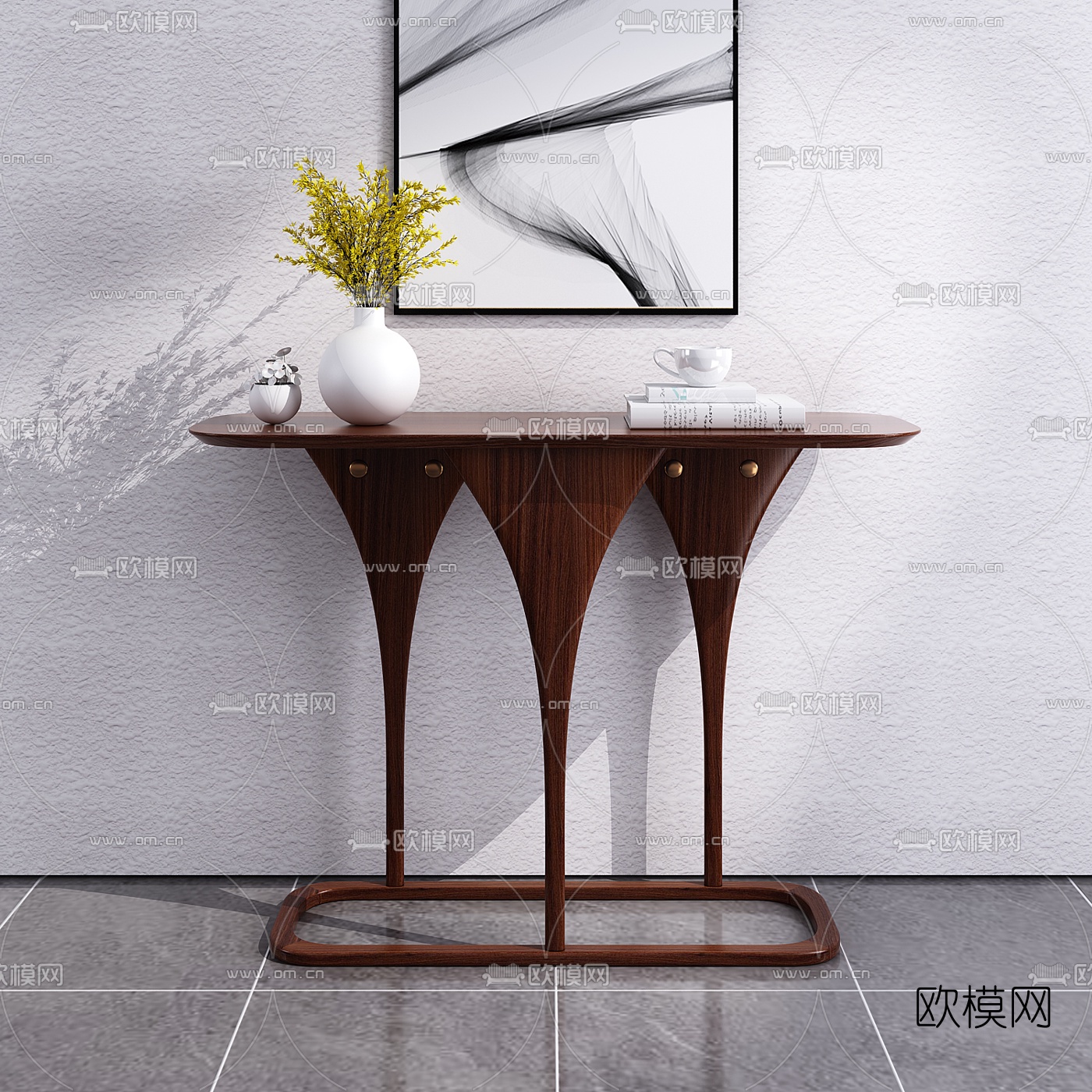 北欧原木条案台3d模型下载（渲染图1）