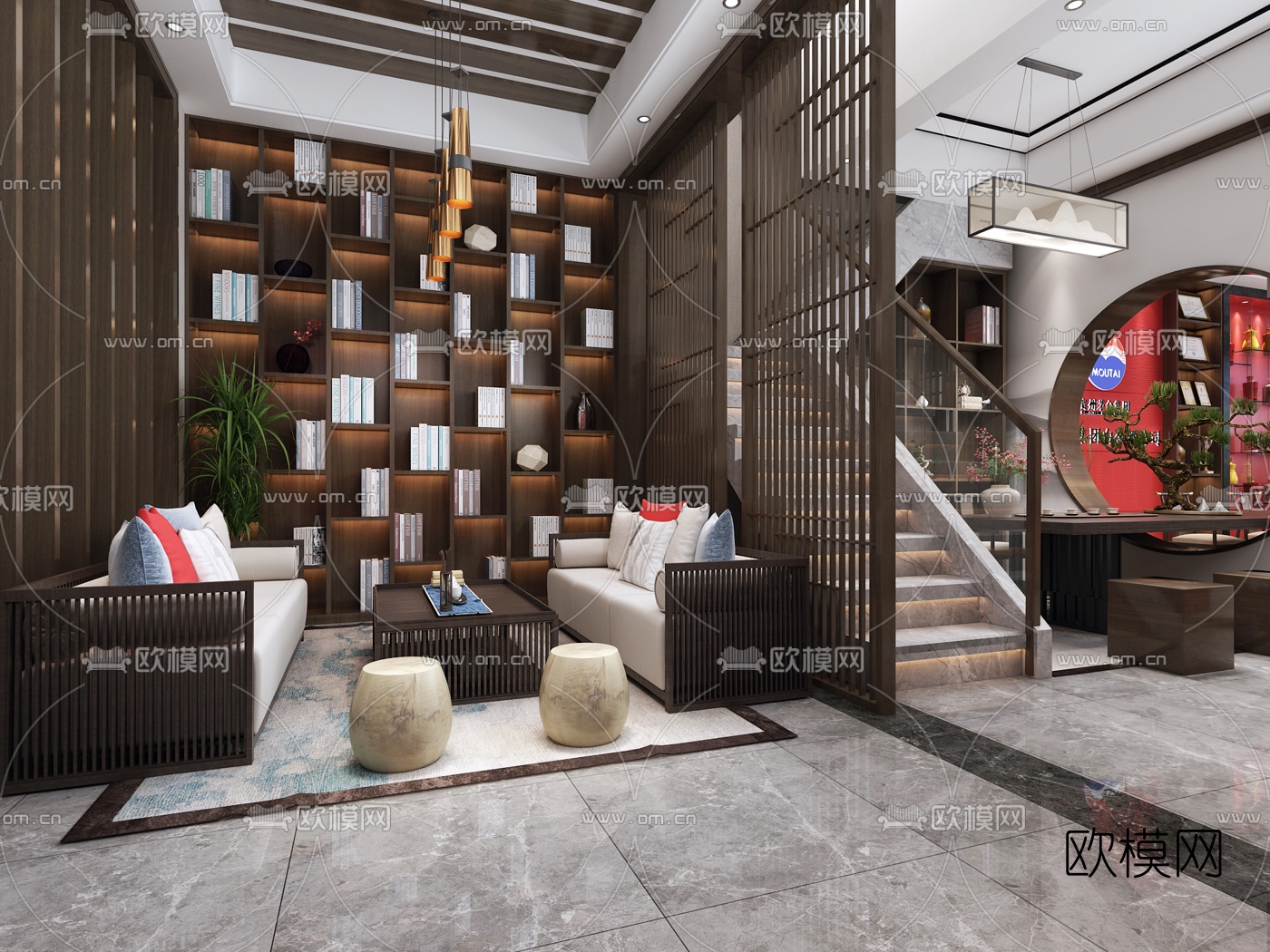 新中式茅台白酒展厅专营店3d模型下载（渲染图2）
