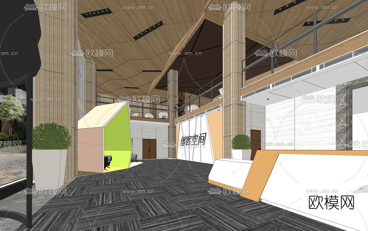 现代办公大堂su模型下载