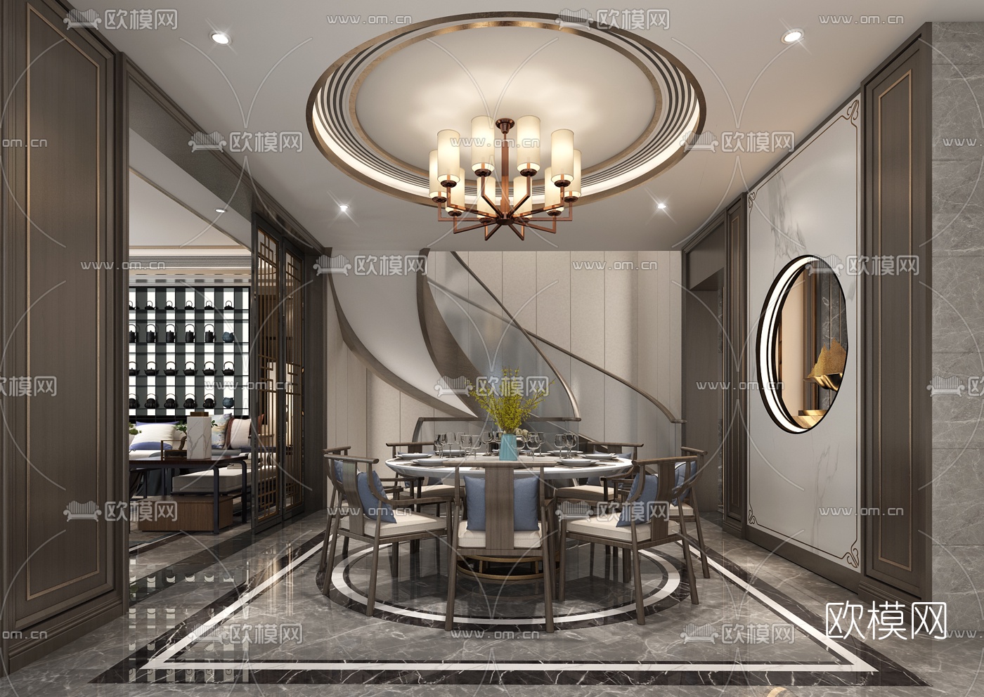 新中式客厅餐厅3d模型