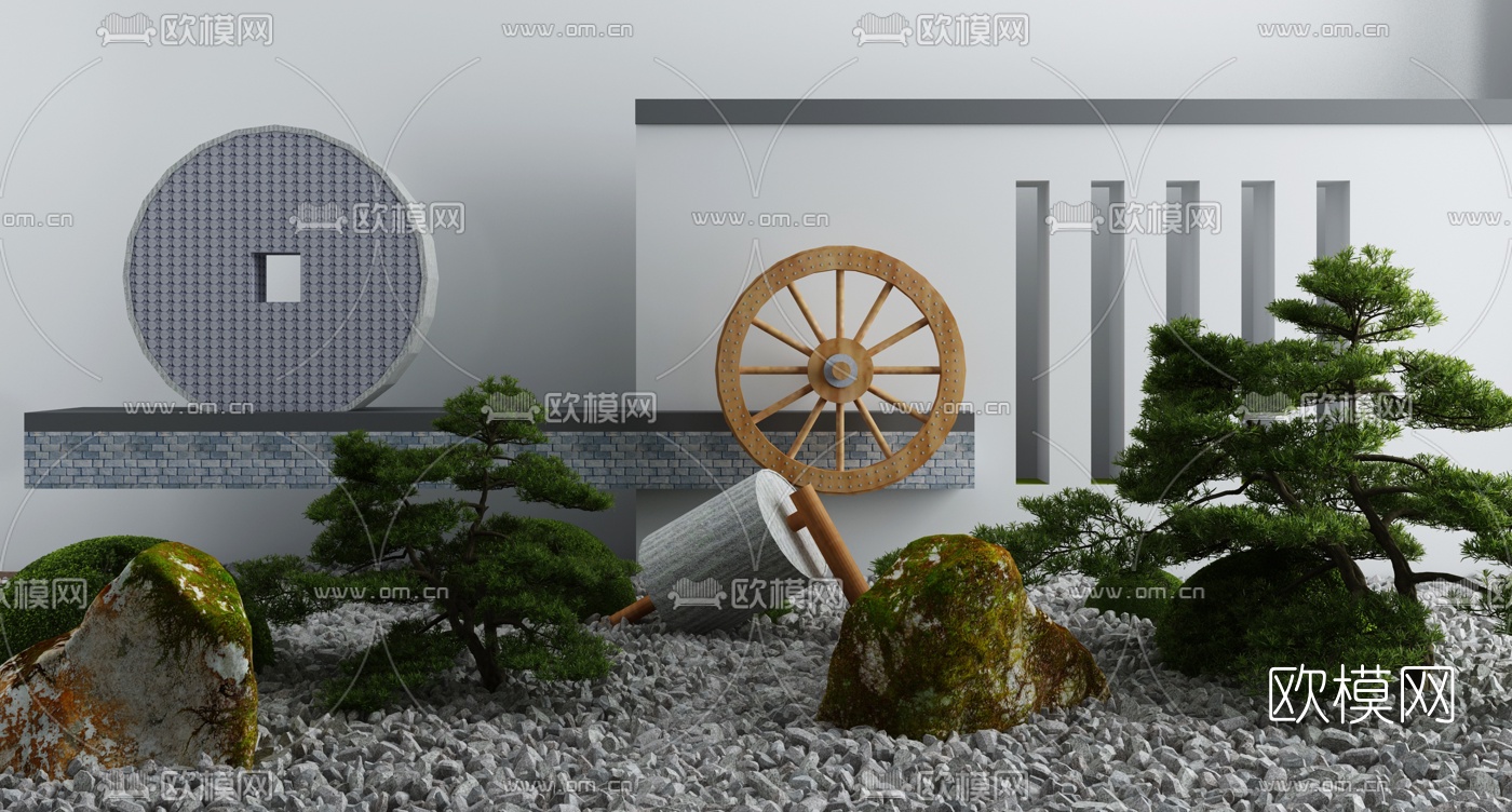 新中式水车假山绿植景观小品3d模型