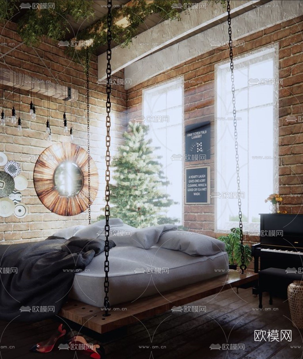 工业风卧室su模型下载（渲染图2）