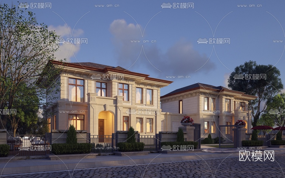 欧式别墅外观夜景3d模型下载
