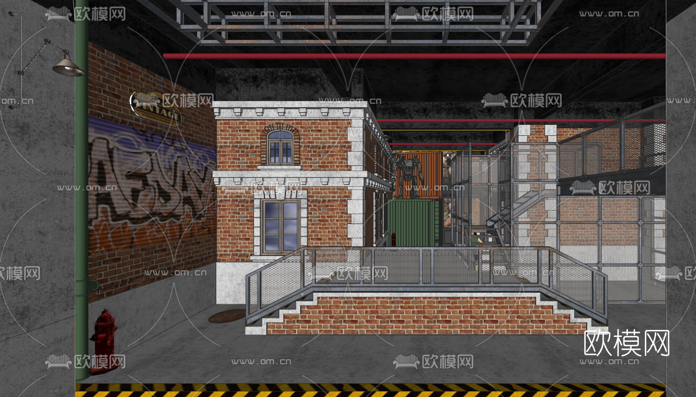 工业风街头篮球嘻哈主题酒吧su模型下载（渲染图1）