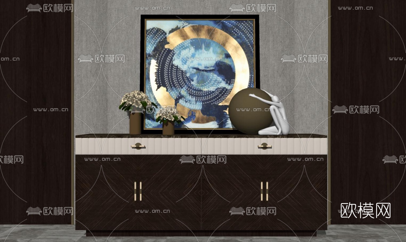 新中式实木端景柜su模型