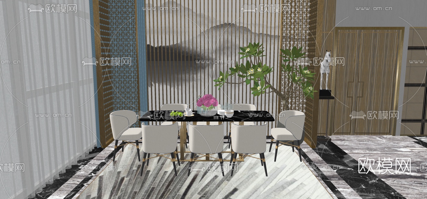 新中式轻奢餐厅su模型下载