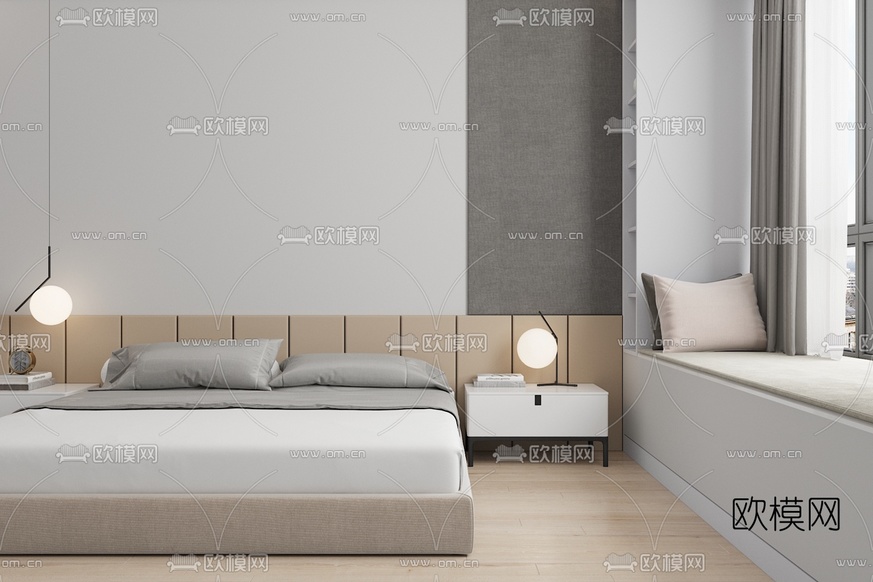 现代简约卧室3d模型下载(渲染图2)