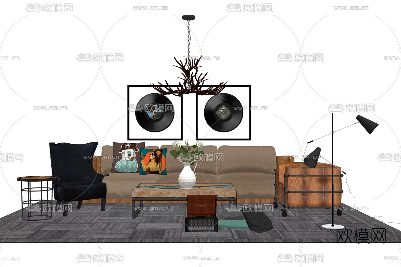 工业风布艺组合沙发免费su模型下载
