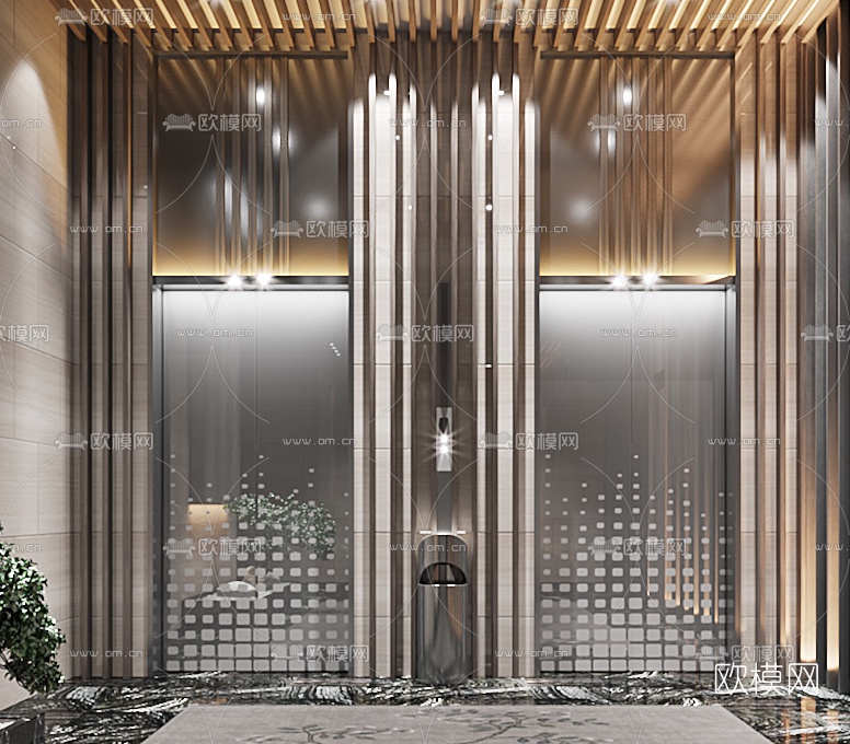 新中式酒店电梯厅3d模型下载（渲染图2）