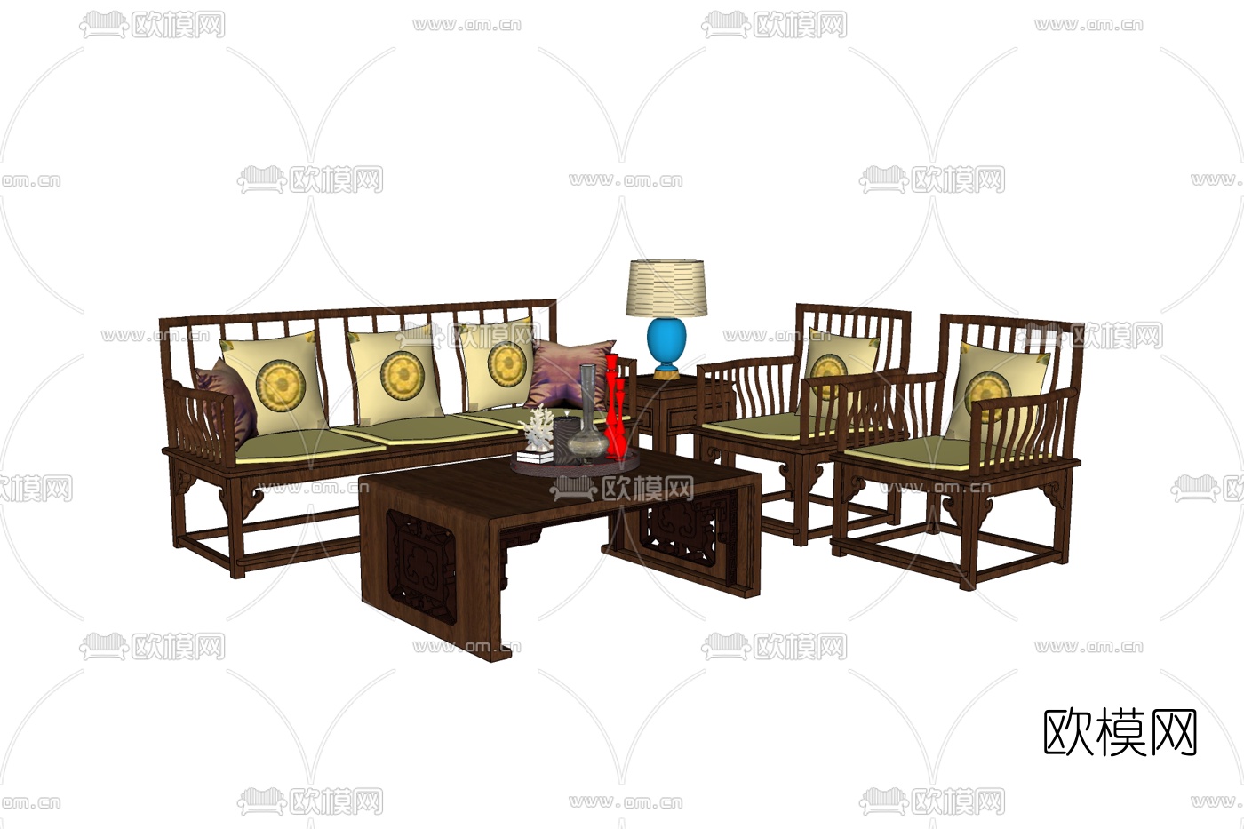 新中式实木组合沙发免费su模型下载
