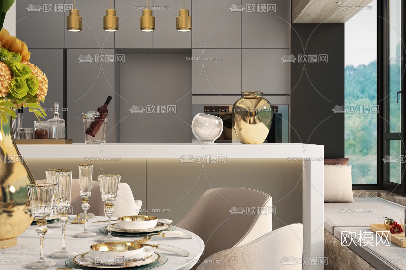 矩阵纵横设计 现代轻奢餐厅3d模型