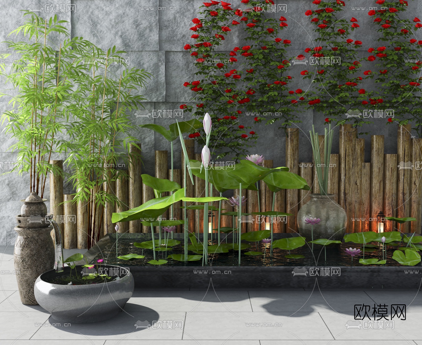 新中式荷花水景园艺小品3d模型下载