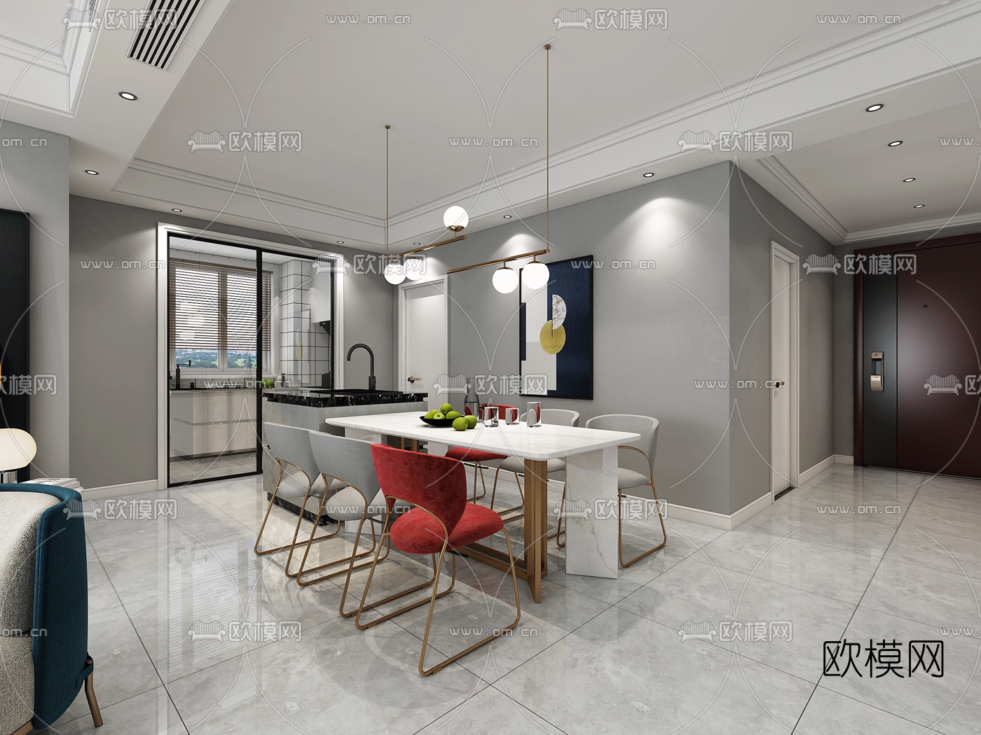 现代客厅餐厅厨房3d模型