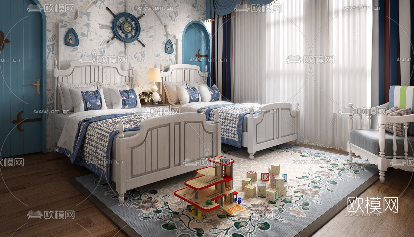 地中海双床卧室小孩房3d模型下载（渲染图4）