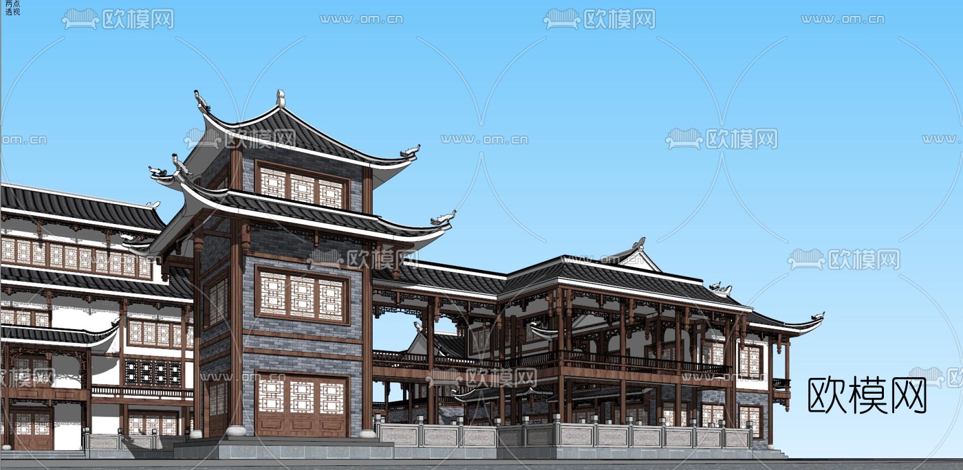 中式建筑外观su模型下载（渲染图2）