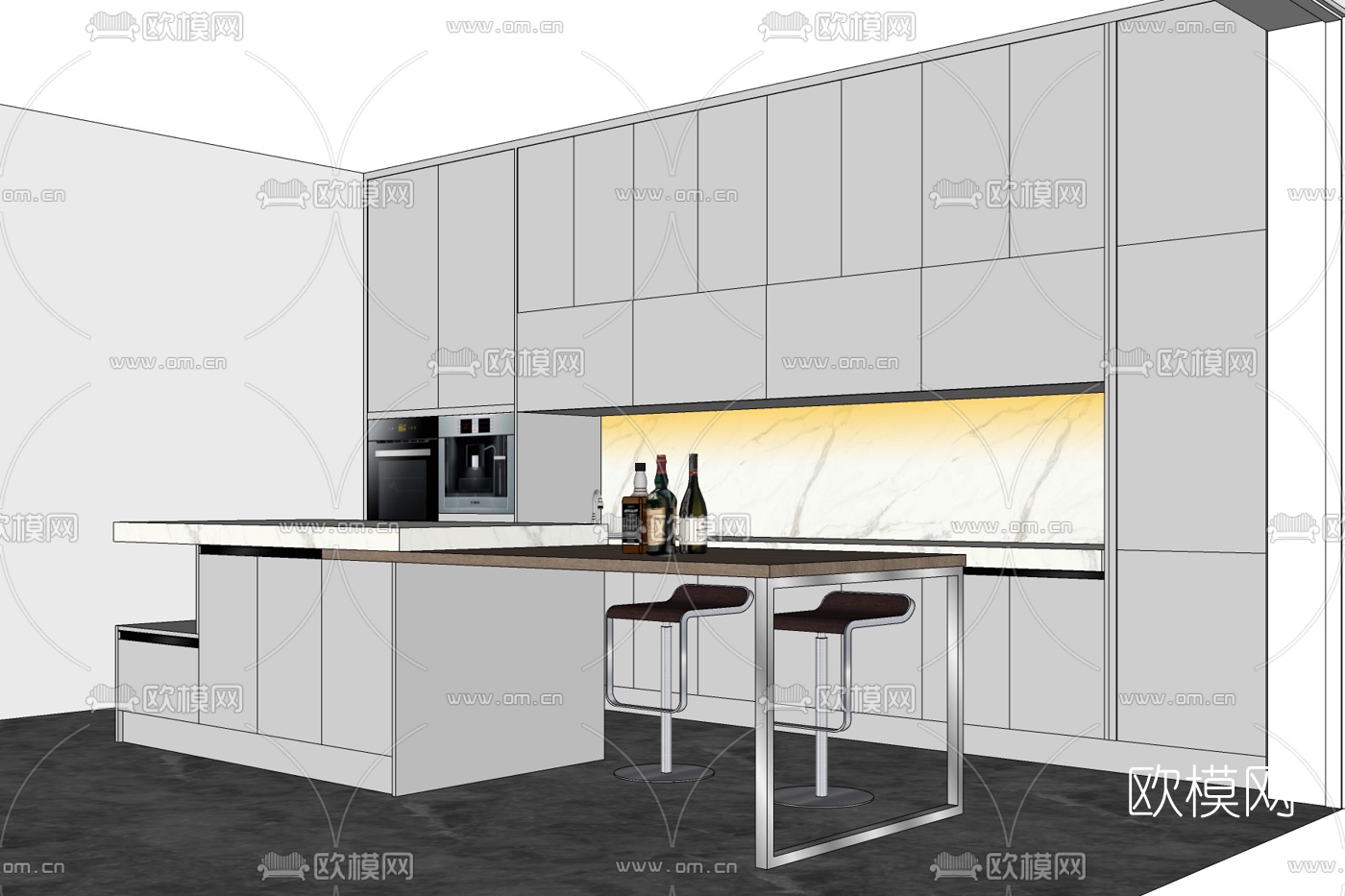 现代橱柜中岛柜组合免费su模型下载
