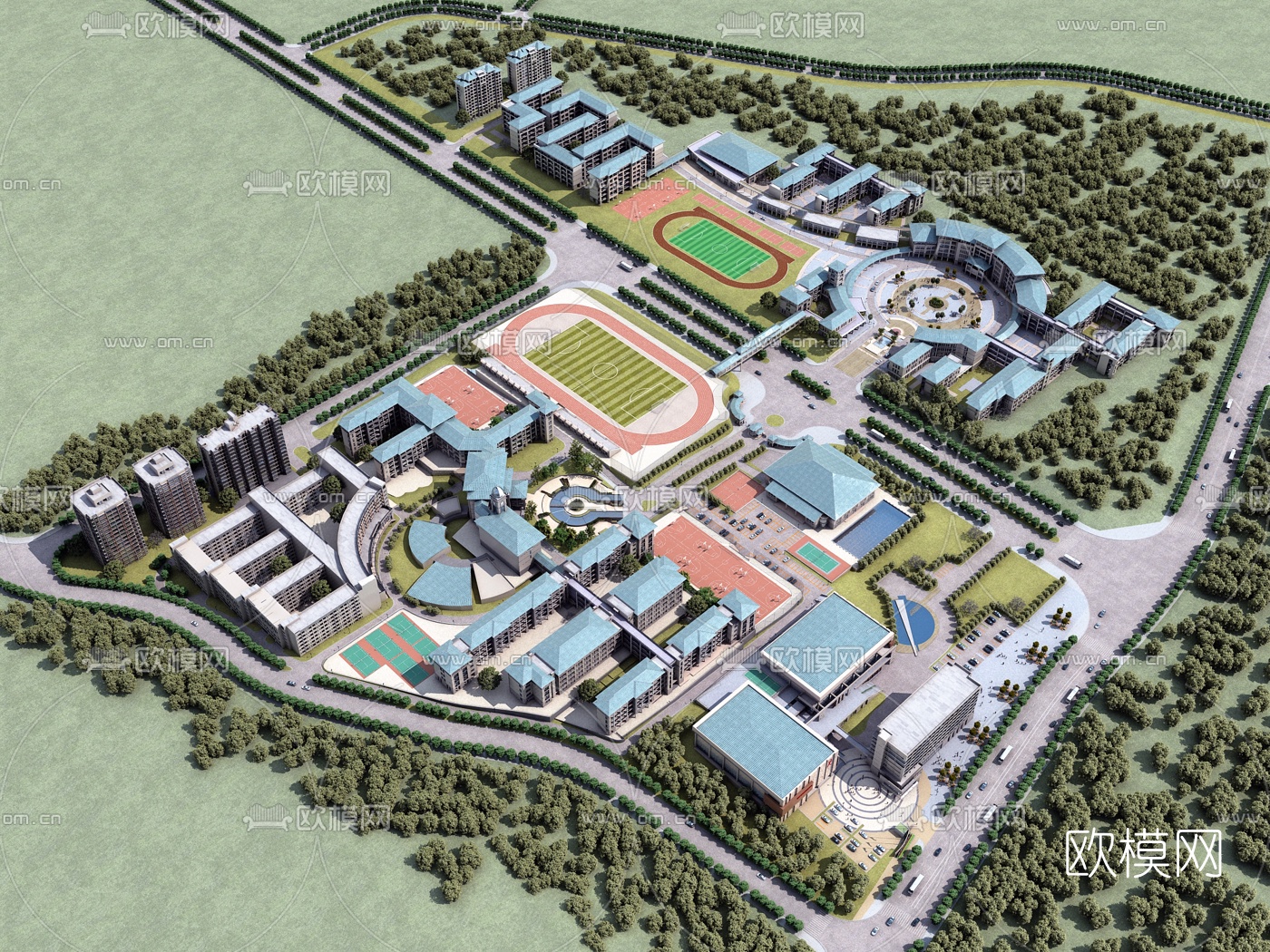 现代学校规划3d模型