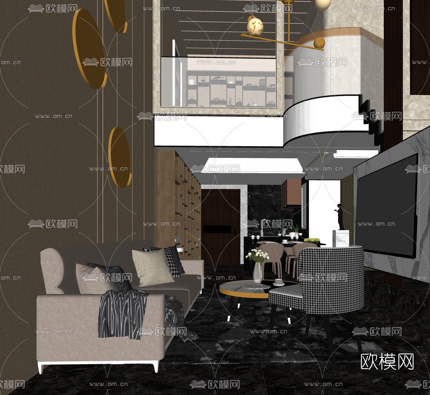 戴勇设计 -星澜香山别墅客厅su模型下载