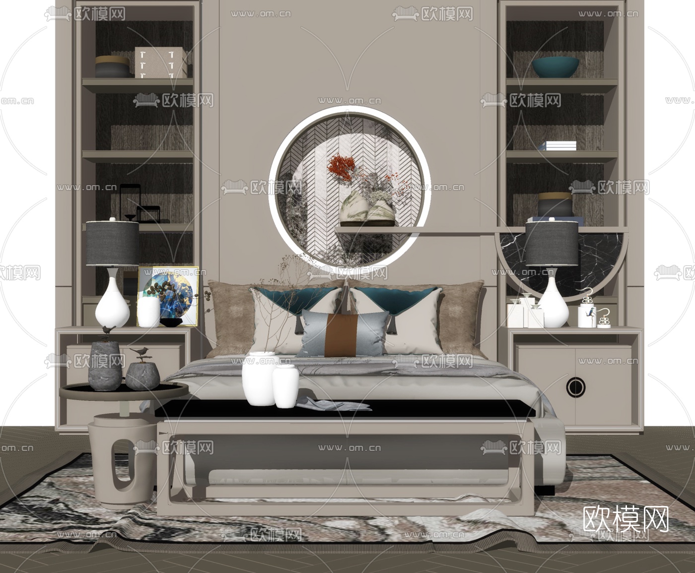 新中式布艺双人床su模型下载