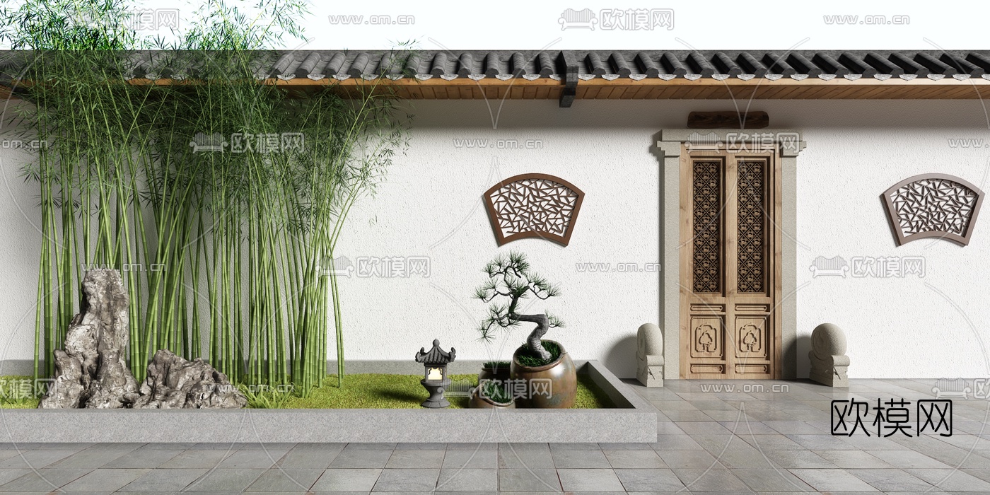 新中式庭院假山竹子景观小品3d模型下载