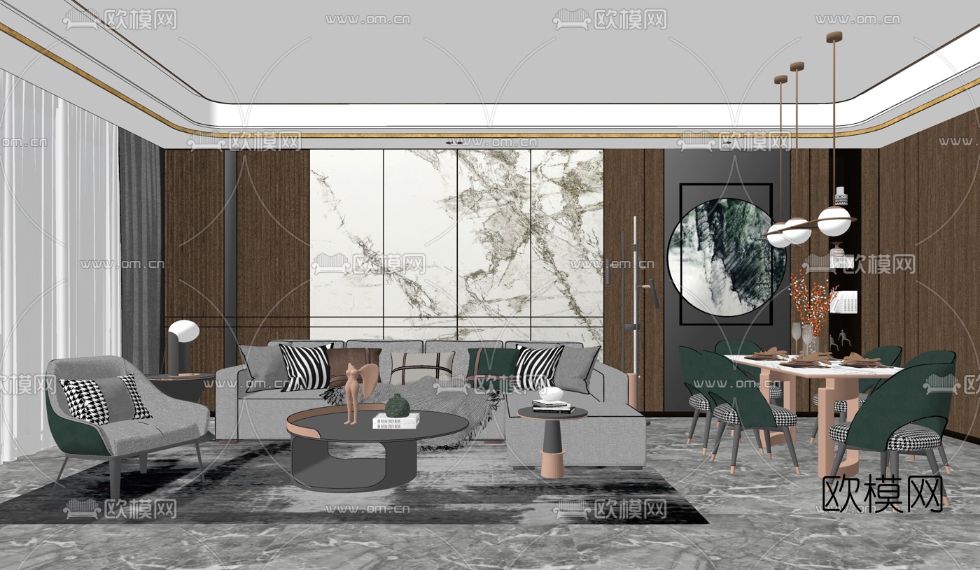现代轻奢客厅餐厅su模型