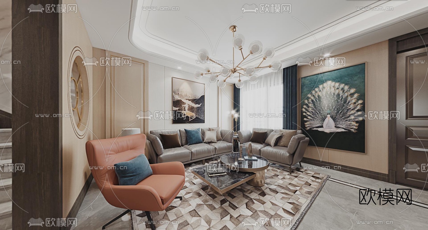 现代复式轻奢客厅餐厅vr全景3d模型