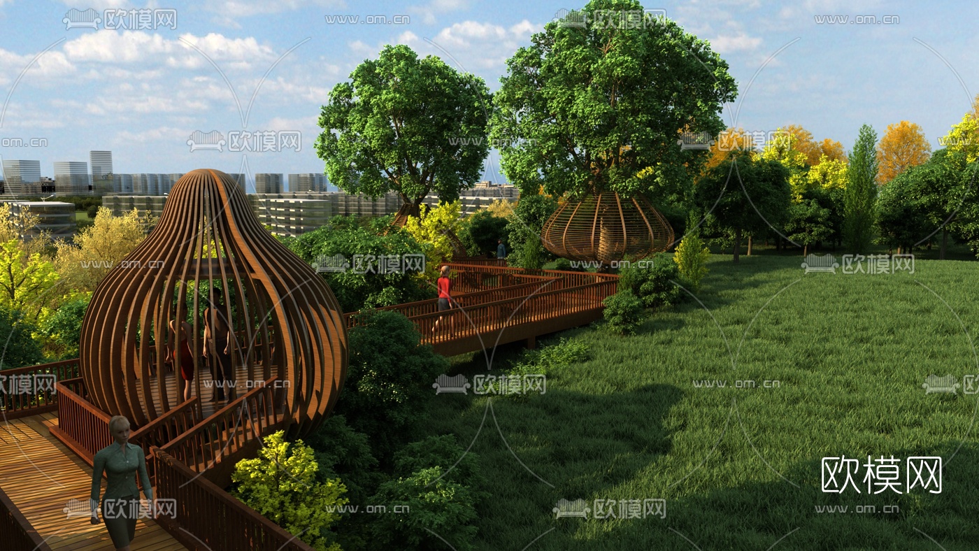 现代栈道公园景观3d模型下载（渲染图1）