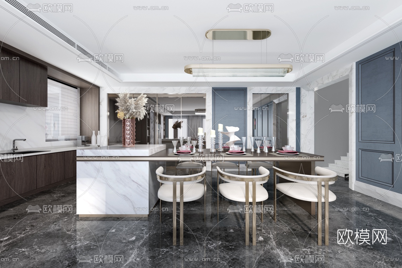 羽果设计 法式混搭客厅餐厅3d模型
