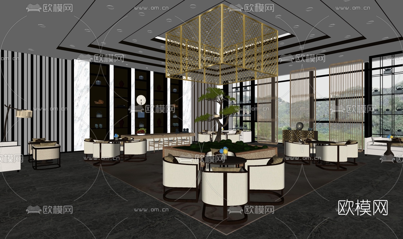 SDdesign设计新中式酒店大堂休息区su模型-免费3dmax模型库-欧模网