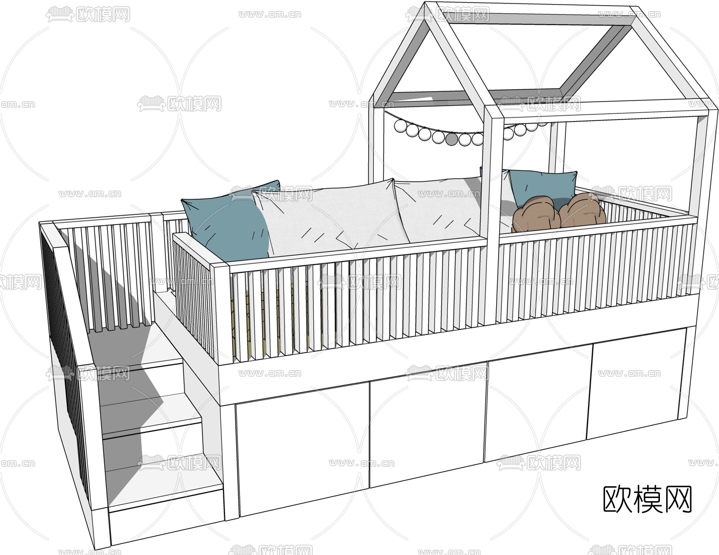 现代儿童床su模型下载（渲染图1）