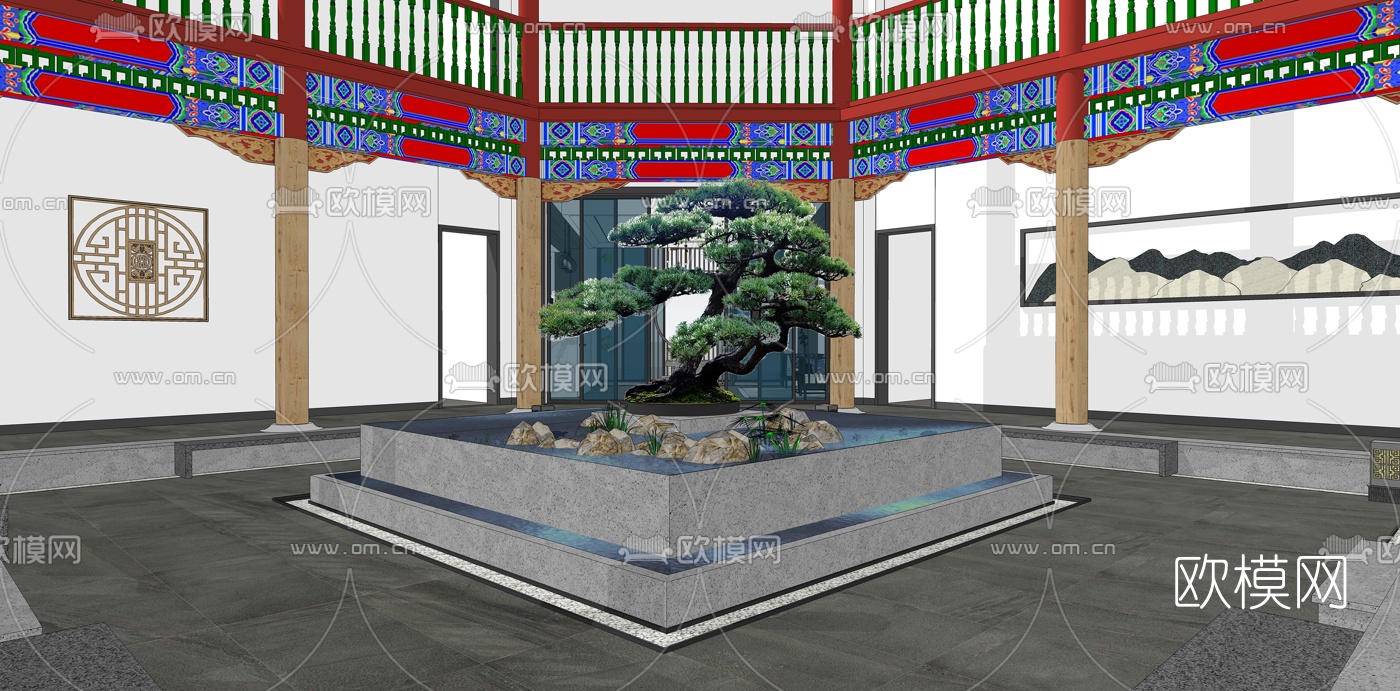 新中式酒店大厅su模型下载（渲染图2）