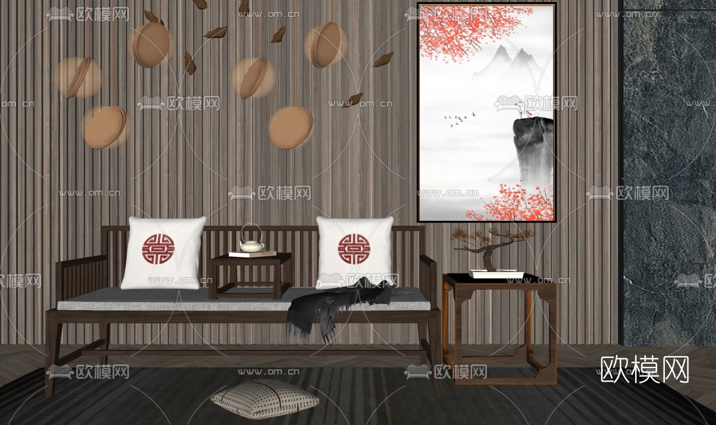 新中式实木双人沙发su模型下载