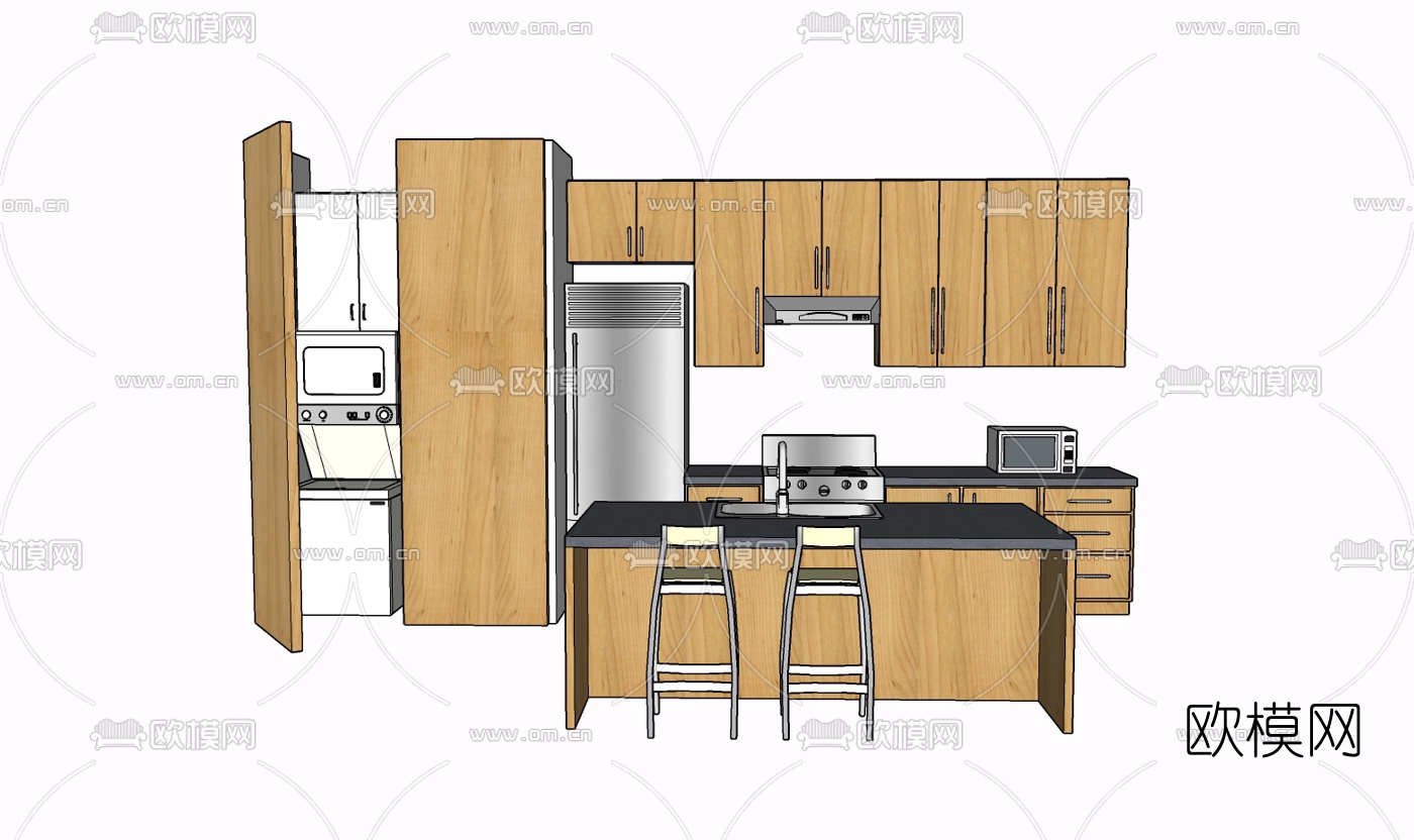 现代实木橱柜免费su模型下载