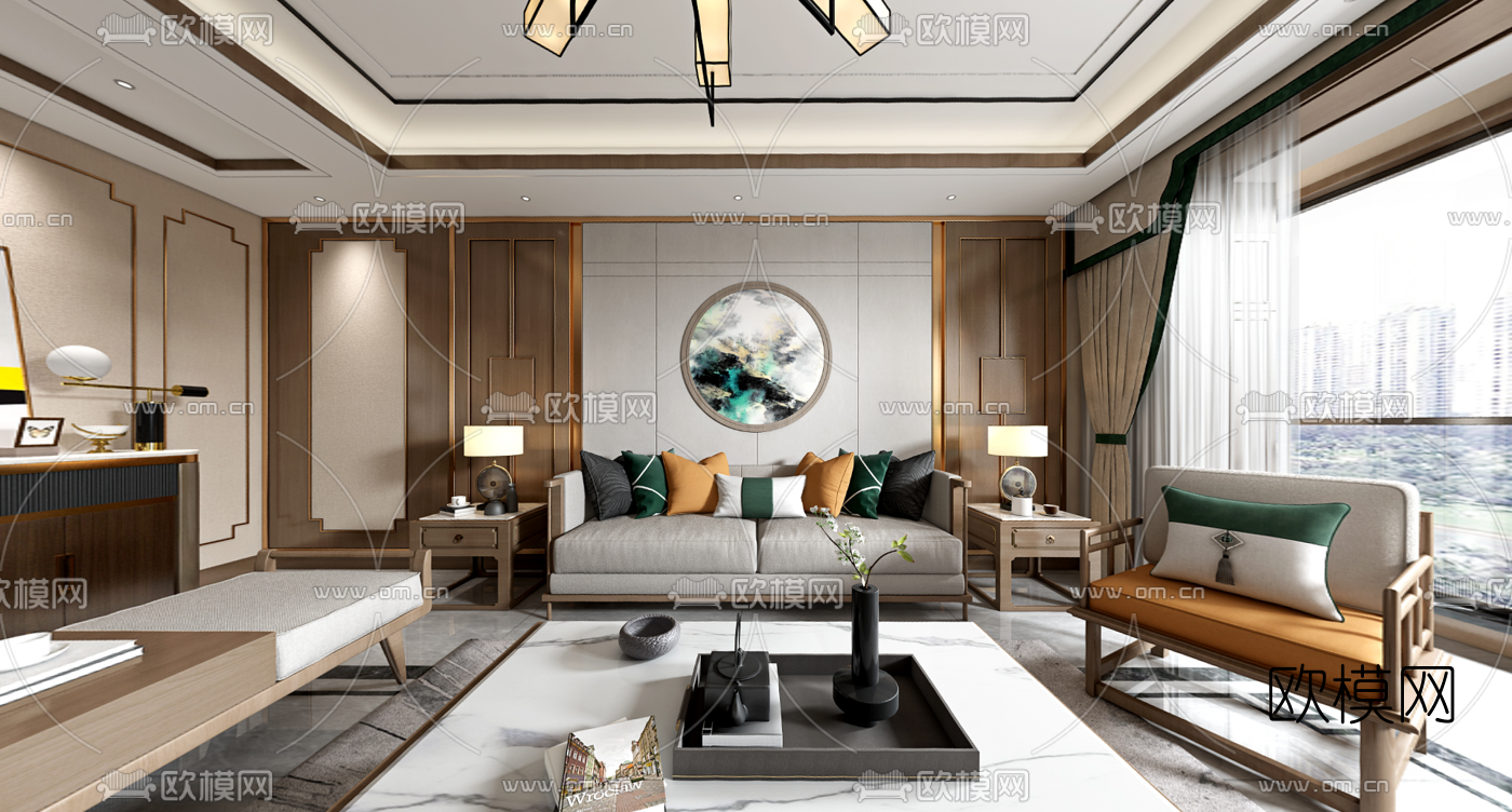 新中式客厅餐厅vr全景3d模型