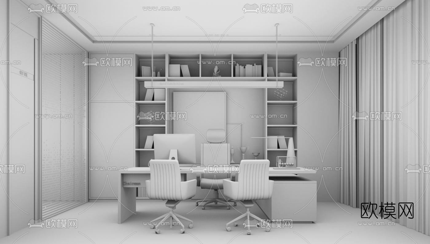 现代实木大班台su模型下载（渲染图3）