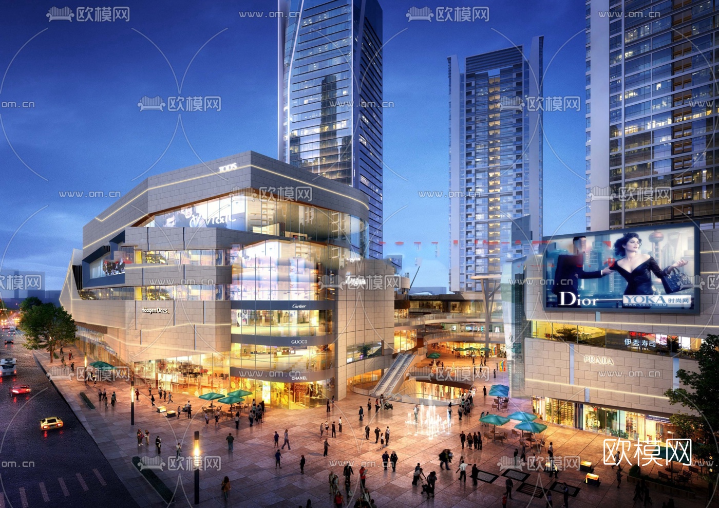 现代商住综合楼su模型下载（渲染图1）