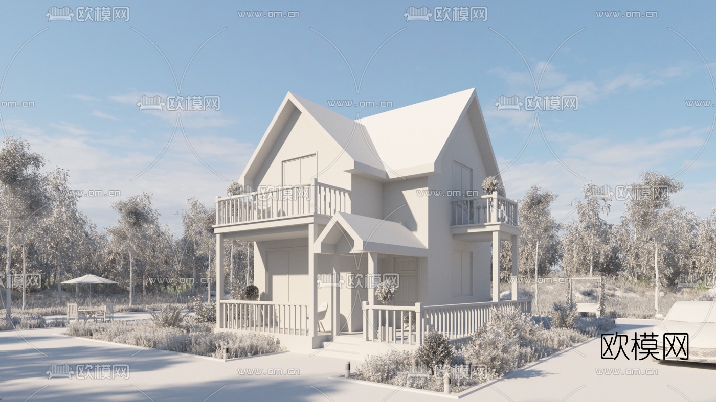 美式乡村别墅外观3d模型下载（渲染图2）