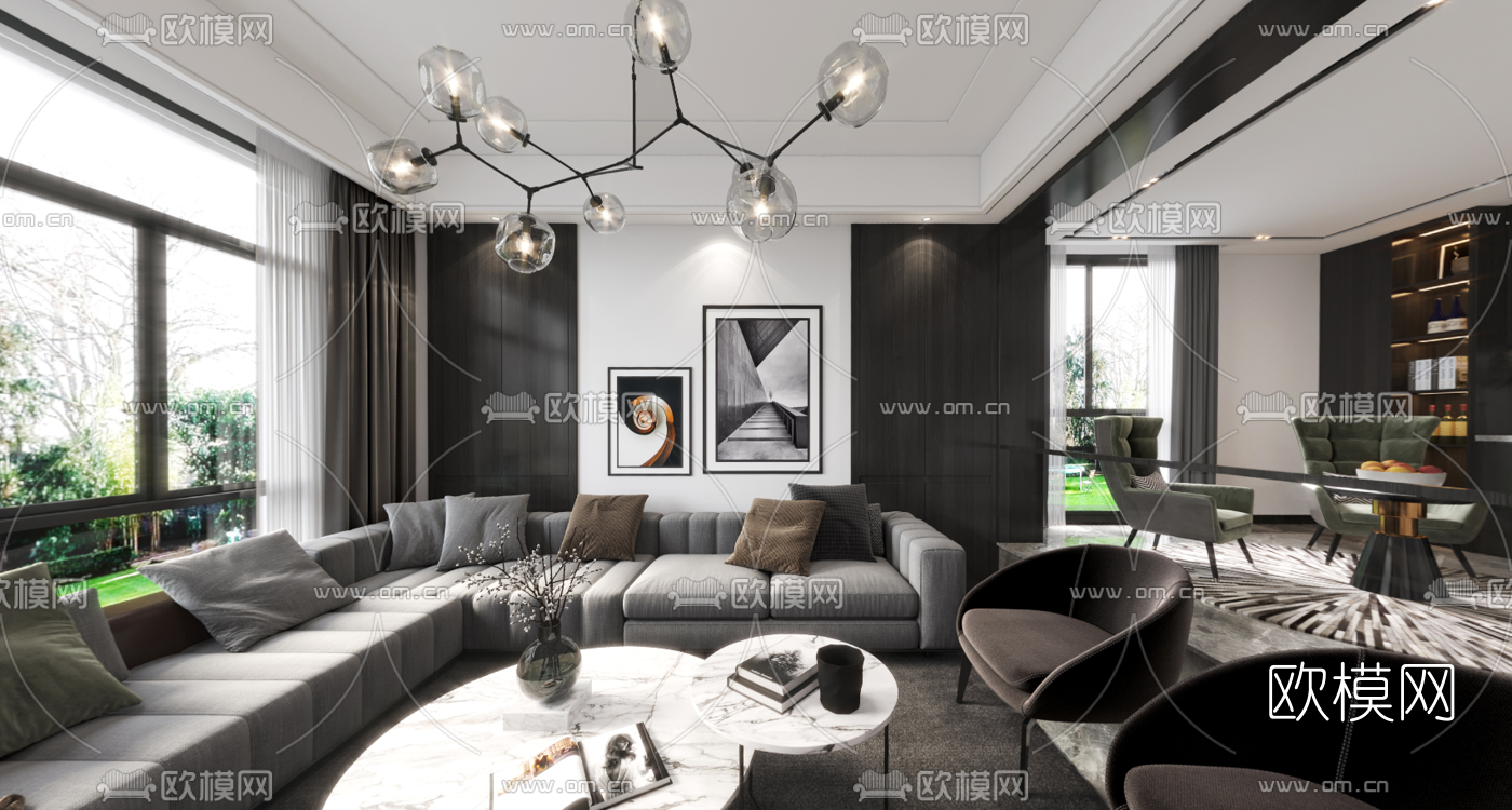 现代简约客厅餐厅cr全景3d模型
